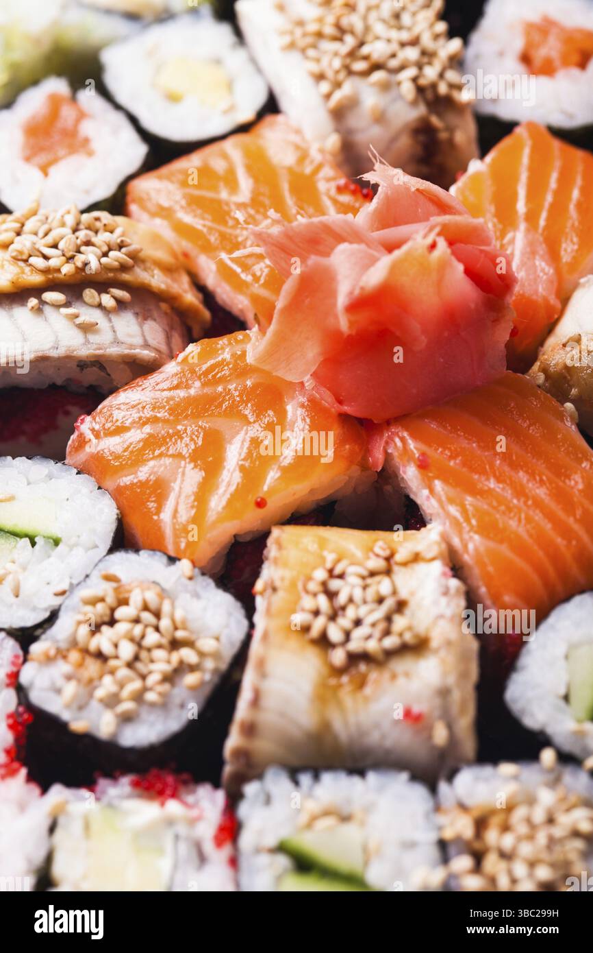 Japanese Cuisine - different types of sushi rolls close up Stock Photo