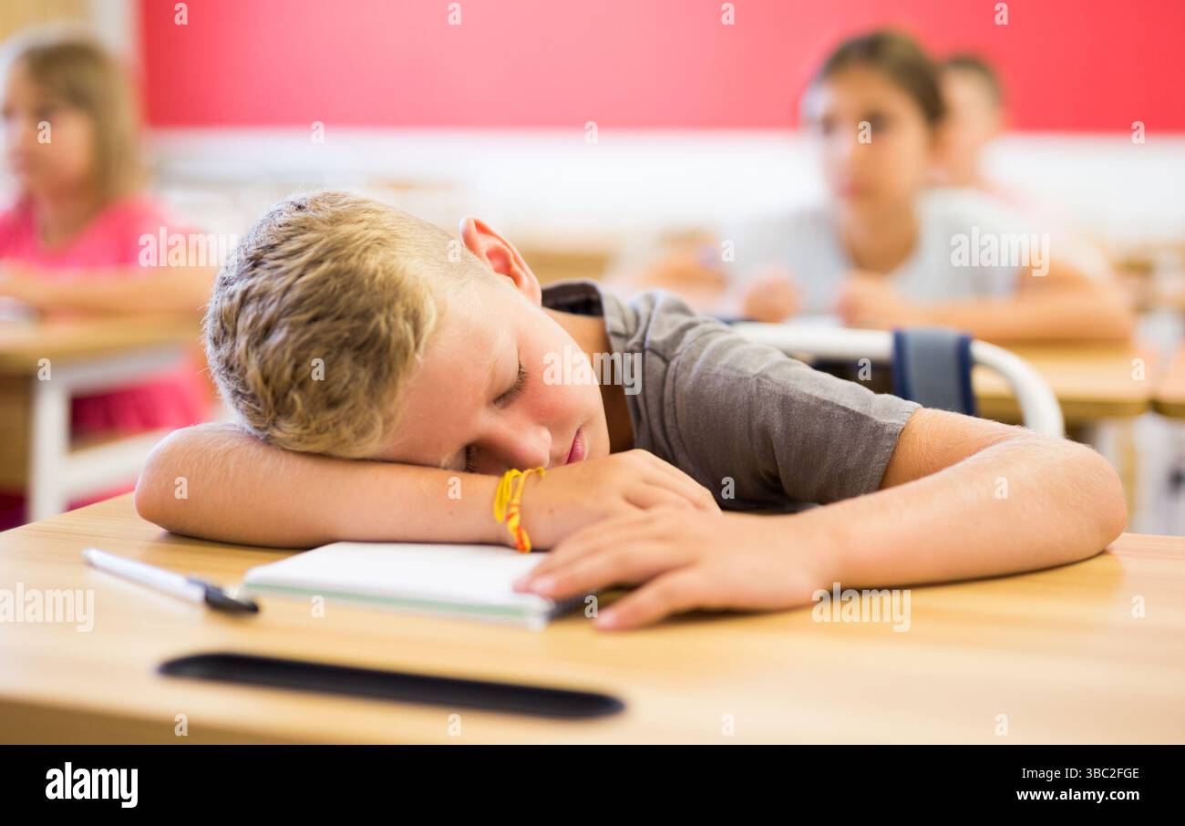 Bored tween boy sleeping at desk in classroom during lesson Stock Photo