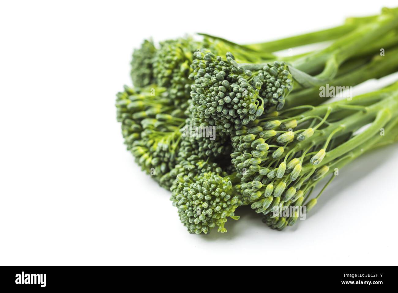 Raw broccolini heap close up isolated on white background Stock Photo