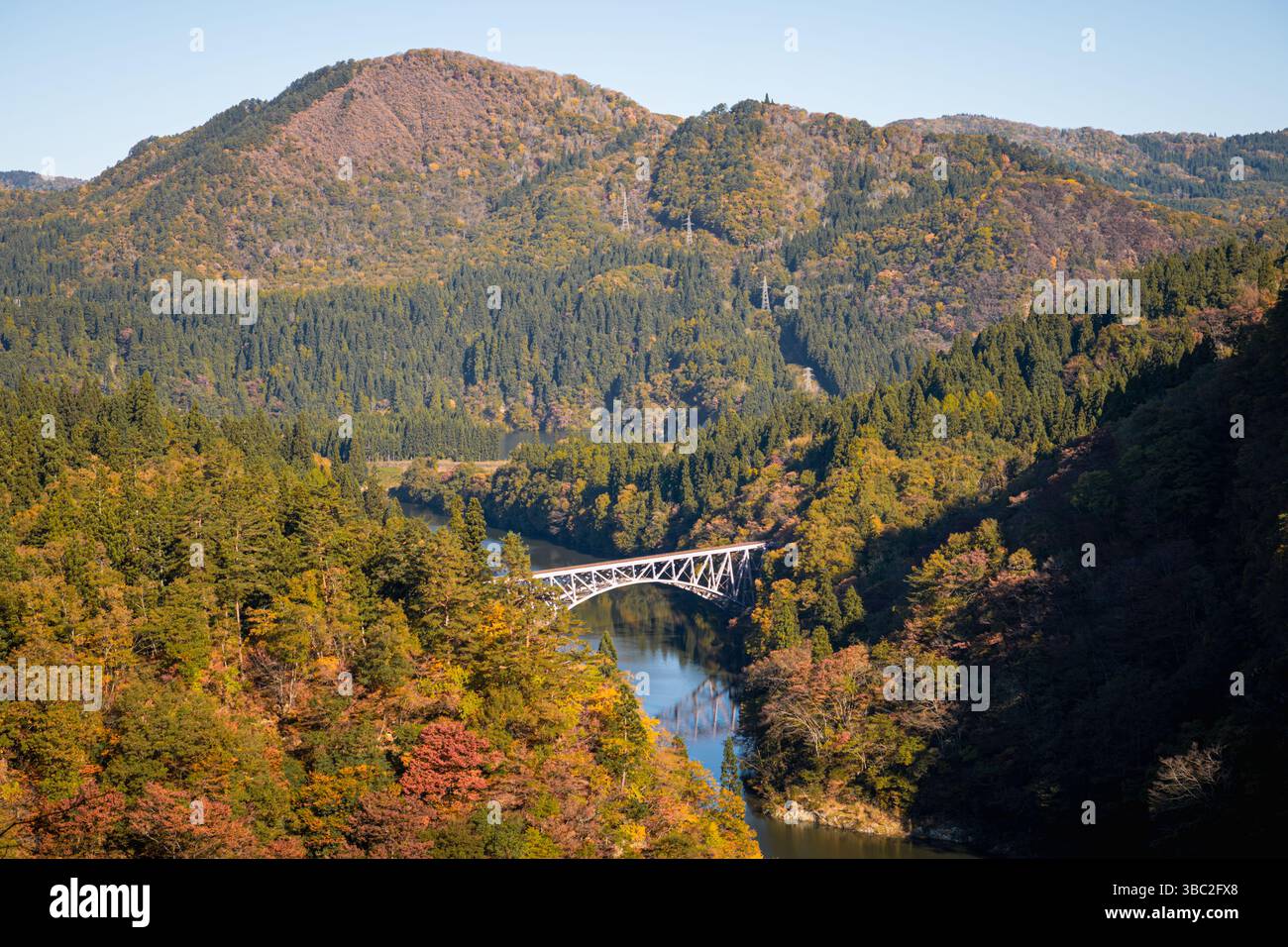 Fukushima, JAPAN - Nov 10, 2024: Daichi Tagamigawa Bridge view from First Tadami River Bridge Stock Photo