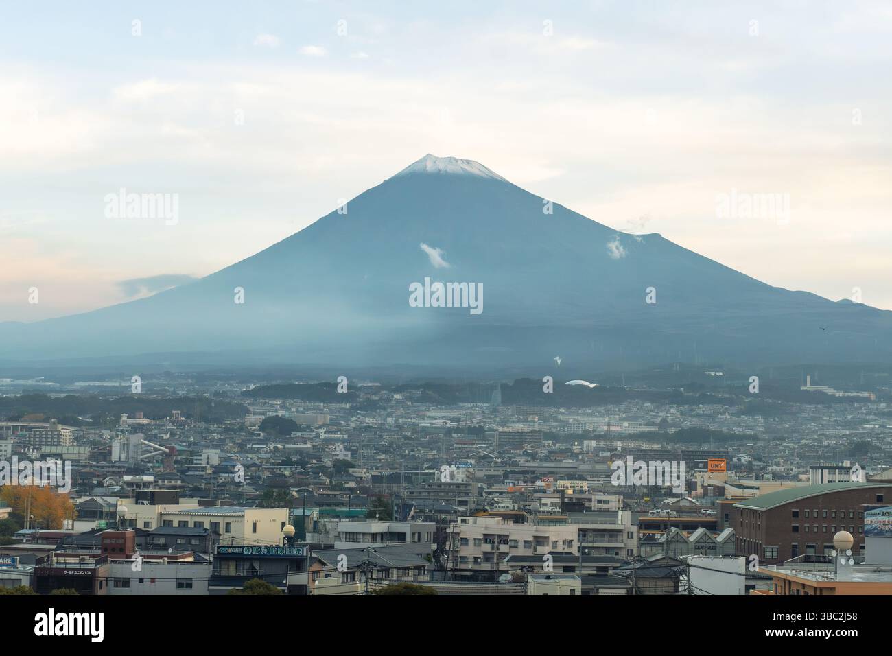 View of Fuji cityscape with Fuji mt. in the morning Stock Photo