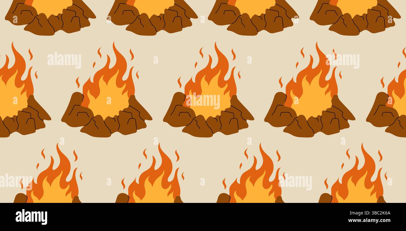 Seamless campfire pattern with flames and rocks Stock Vector
