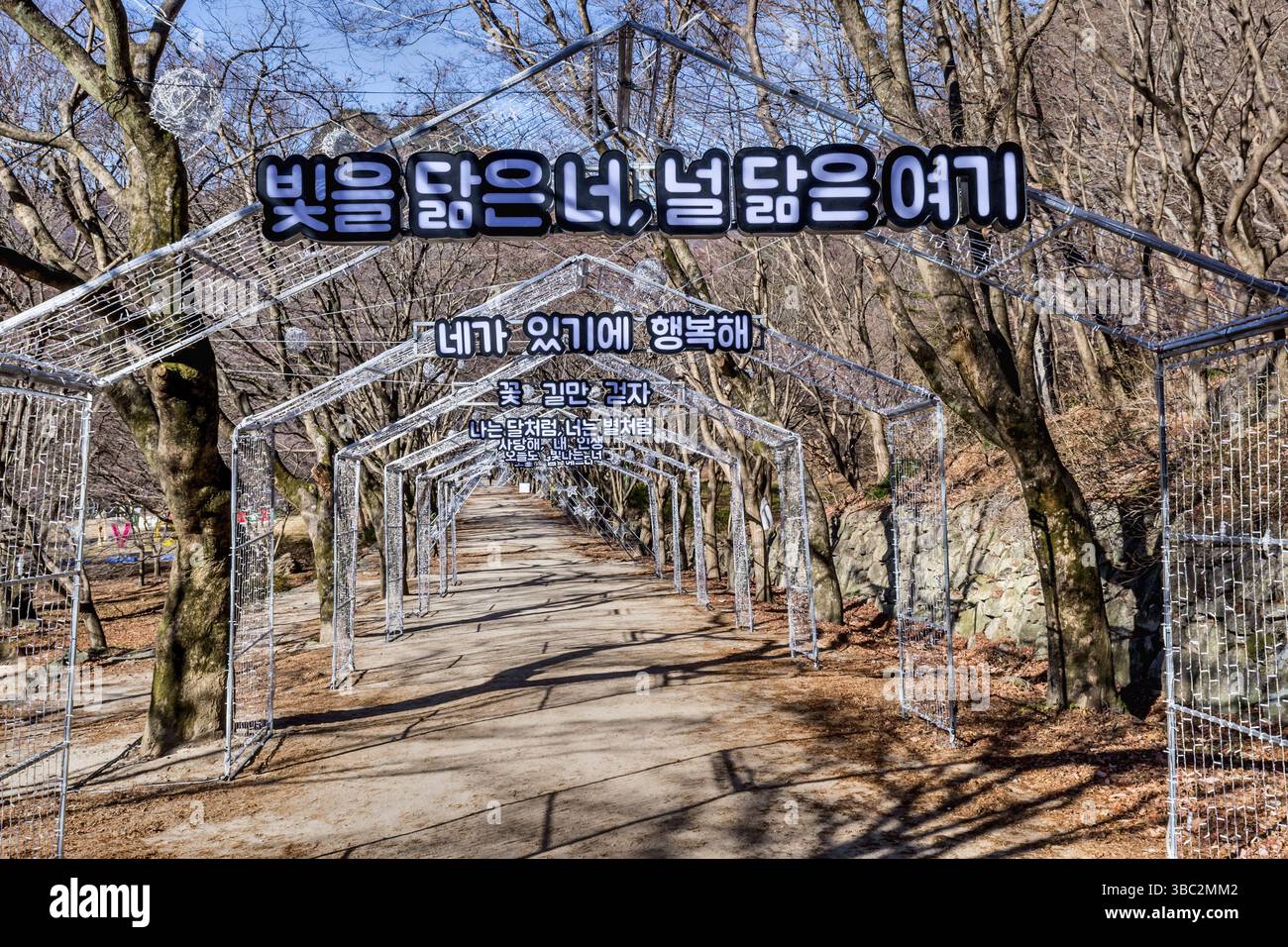 Sunchang-gun, South Korea. December 8, 2020: Trellis of Christmas lights and welcome signs in Korean language at Naejangsa National Park Stock Photo
