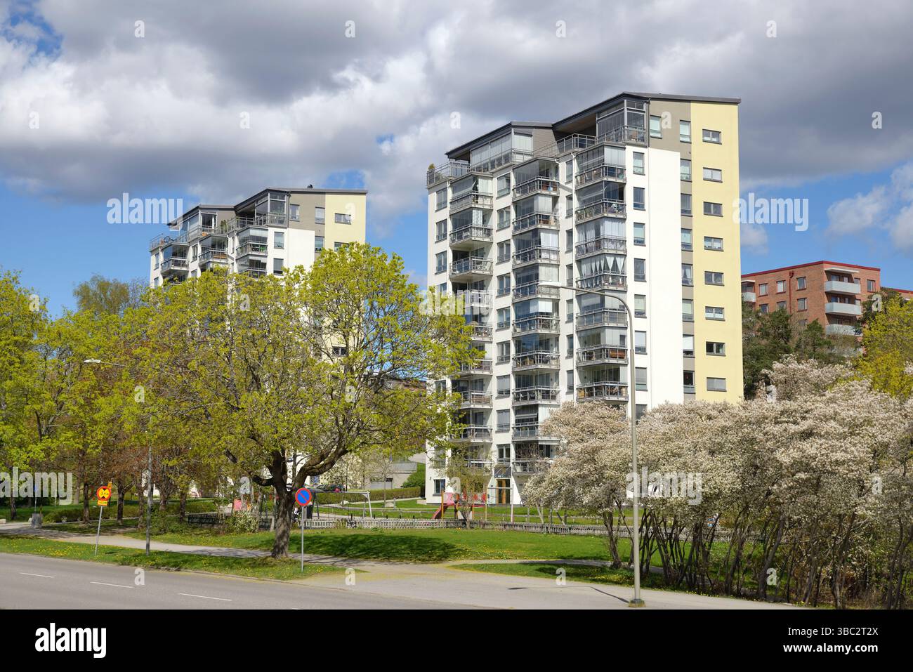 Apartment building in Stockholm area with balconies and blue sky Stock ...