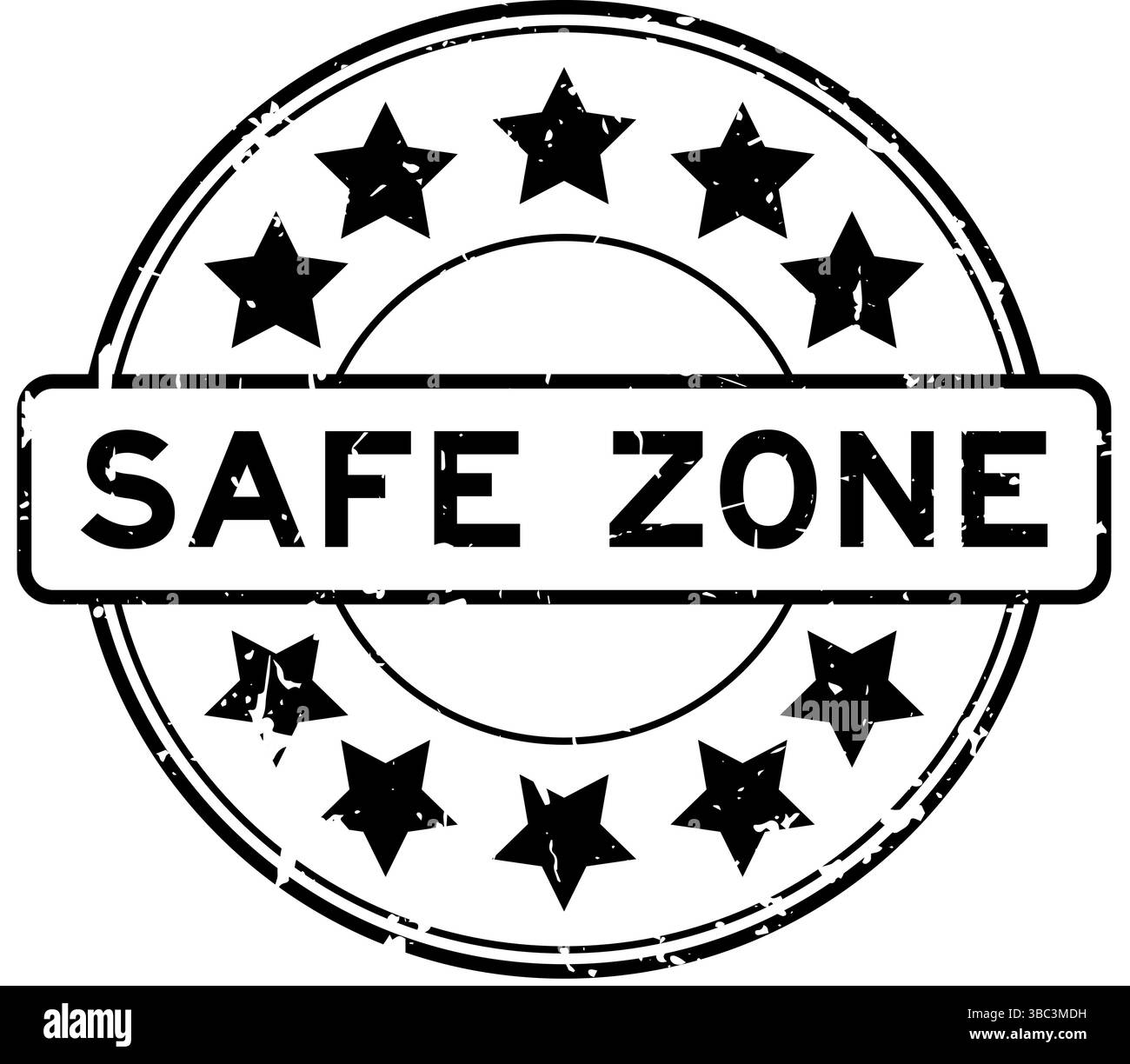 Grunge black safe zone word with star icon round rubber seal stamp on ...