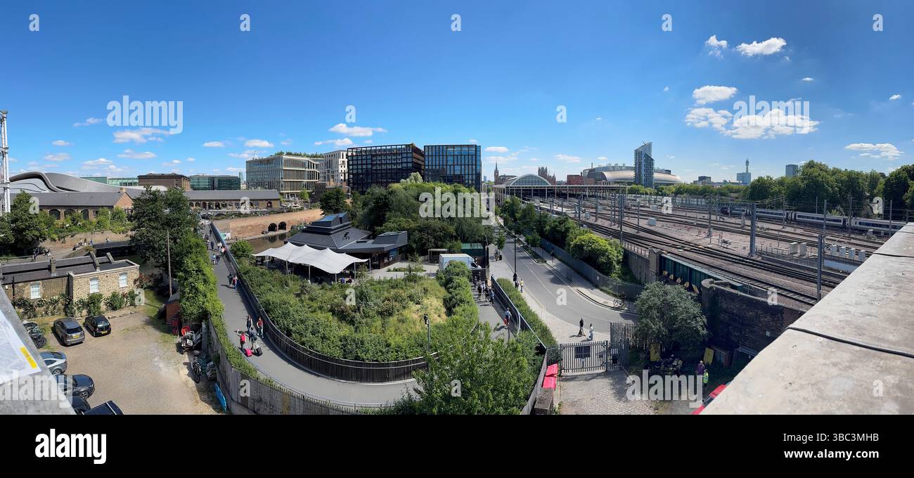 view south from St Pancras Waterpoint of Camley Street Nature Park, London St Pancras International train station, The Francis Crick Institute - Smartphone Captured Stock Image