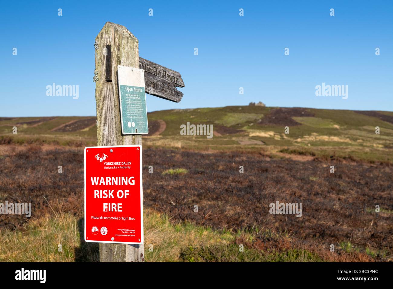 Sign on a footpath warning of high fire risk on moorland in the ...