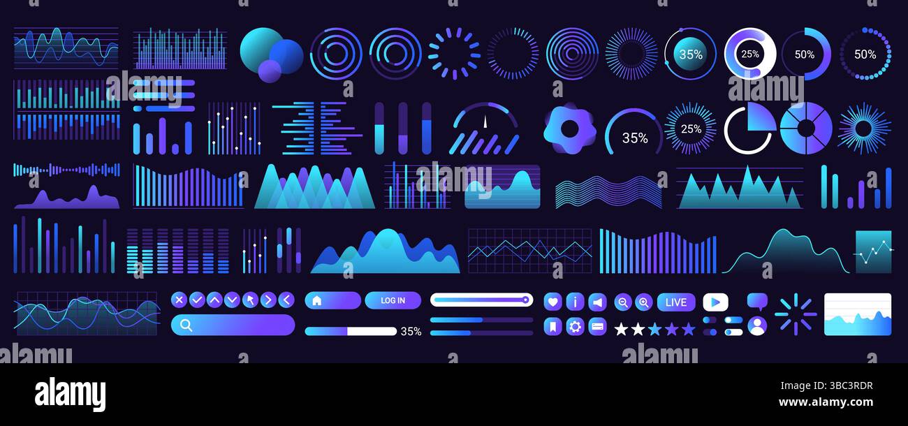 Blue UI dashboard elements, infographic graph and data charts ...