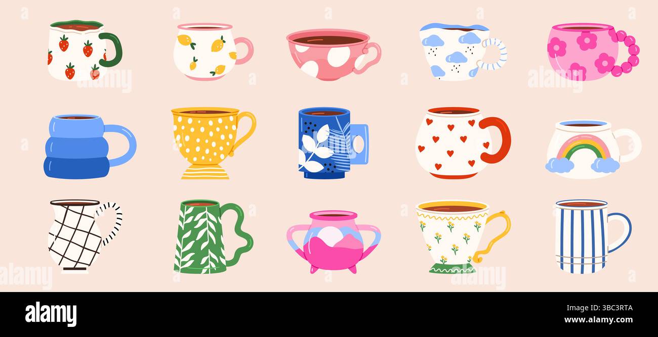 Cartoon vintage teacup collection for english afternoon tea ceremony ...