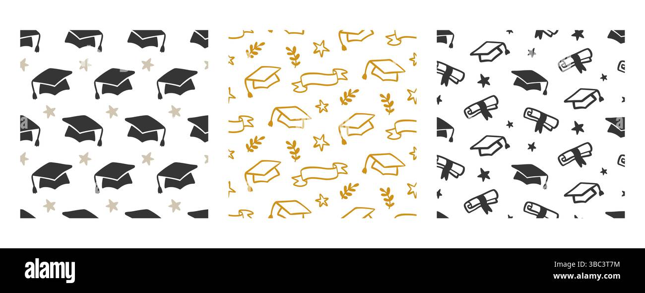 Bachelor Graduation Cap Seamless Patterns Set Stock Vector