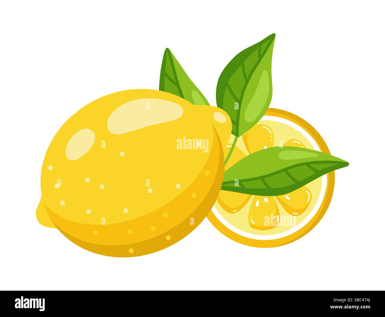 Bright Lemon with Green Leaf and Slice, Flat style Stock Vector