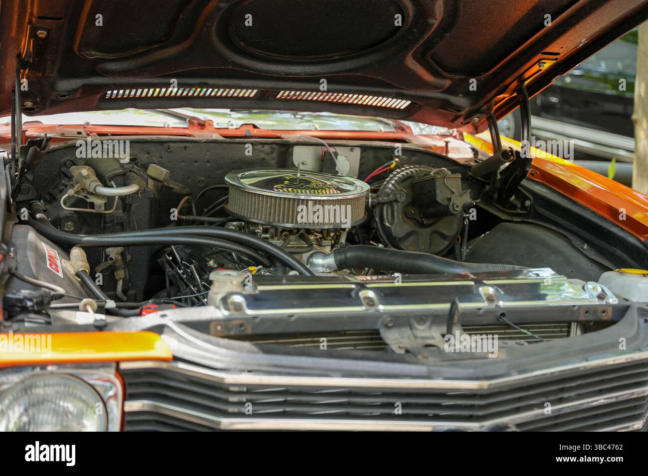 Germany Berlin May 11, 2025. Engine compartment of a classic US car ...