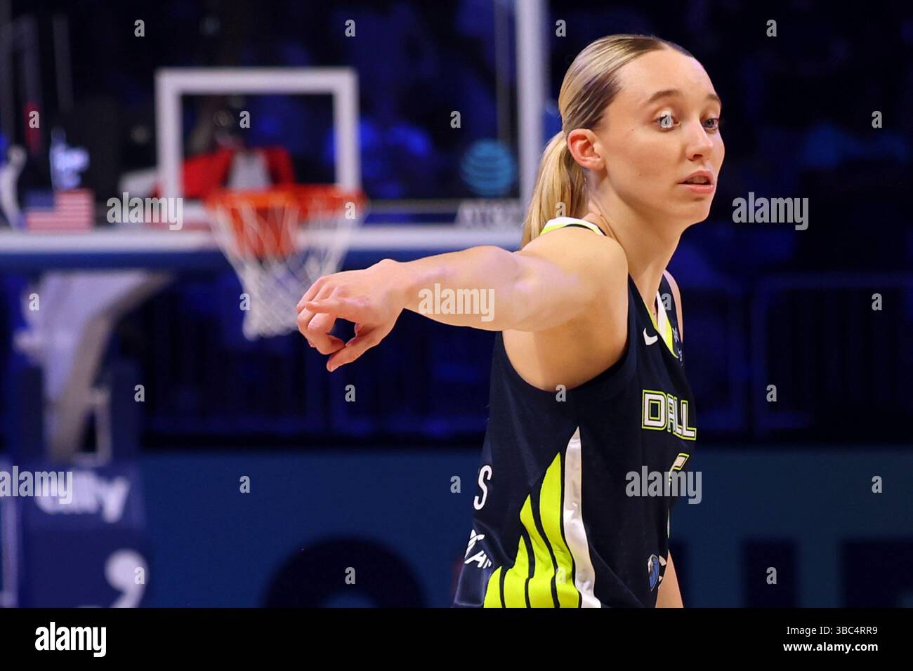 Dallas Wings guard Paige Bueckers (5) gestures on the court during a ...
