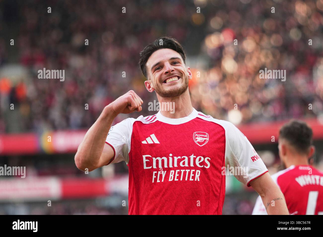 Arsenal's Declan Rice celebrates after scoring his side's opening goal ...