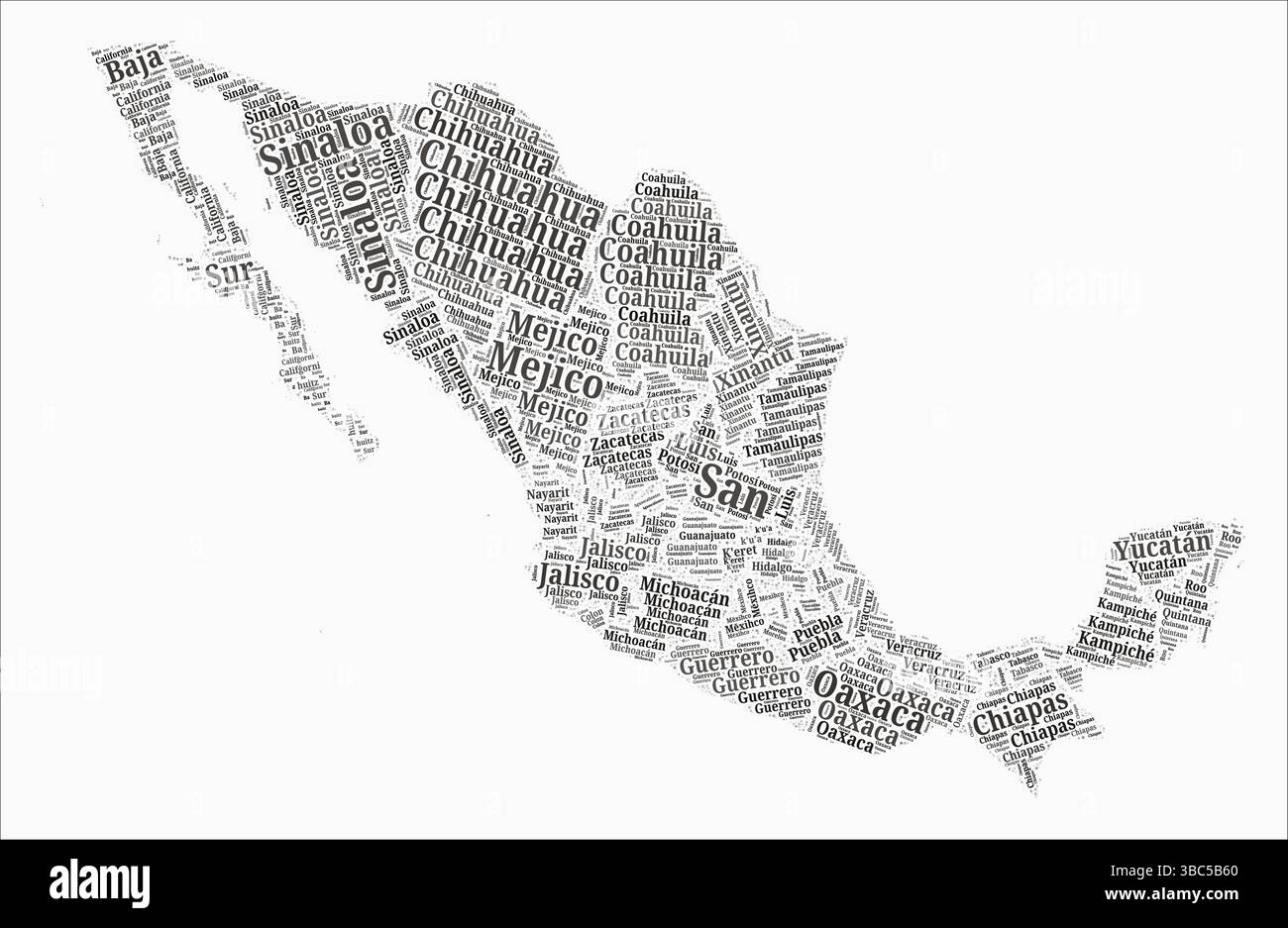Mexico Text Style Regions. Country region names word clouds in the Spanish language. Classy vector illustration. Stock Vector