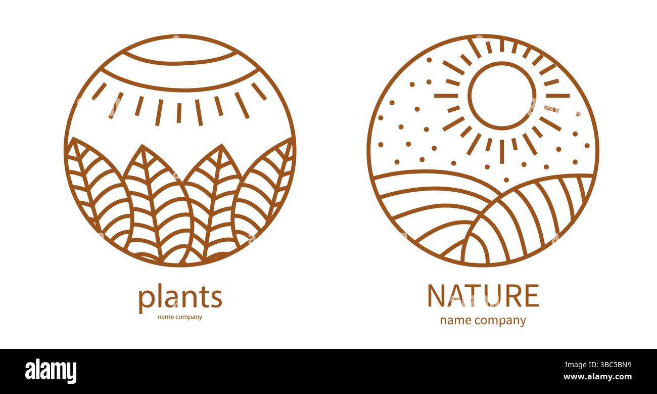 Linear icon of landscape with leaves and sun in circle Stock Vector ...