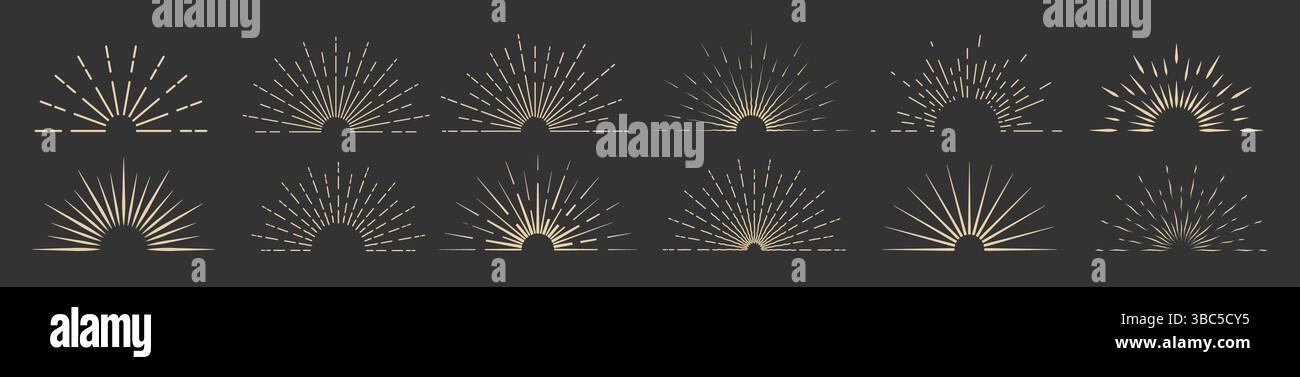 Sun Rays Element A set of sunsets on a dark gray background. The sun's rays, the ...