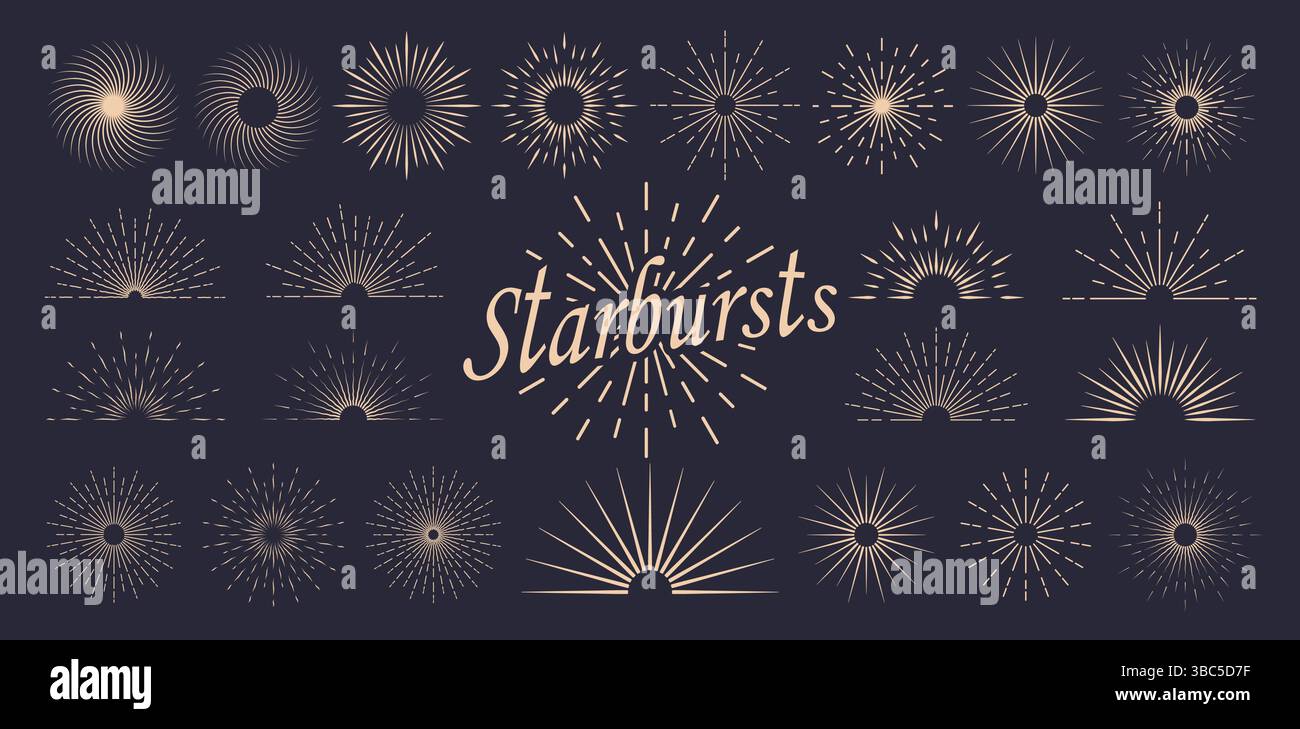 A set of sun rays and sunsets on a dark blue background. Solar bursts ...