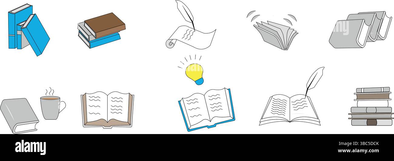 Book line doodle icon set. Open library, reading, school education ...