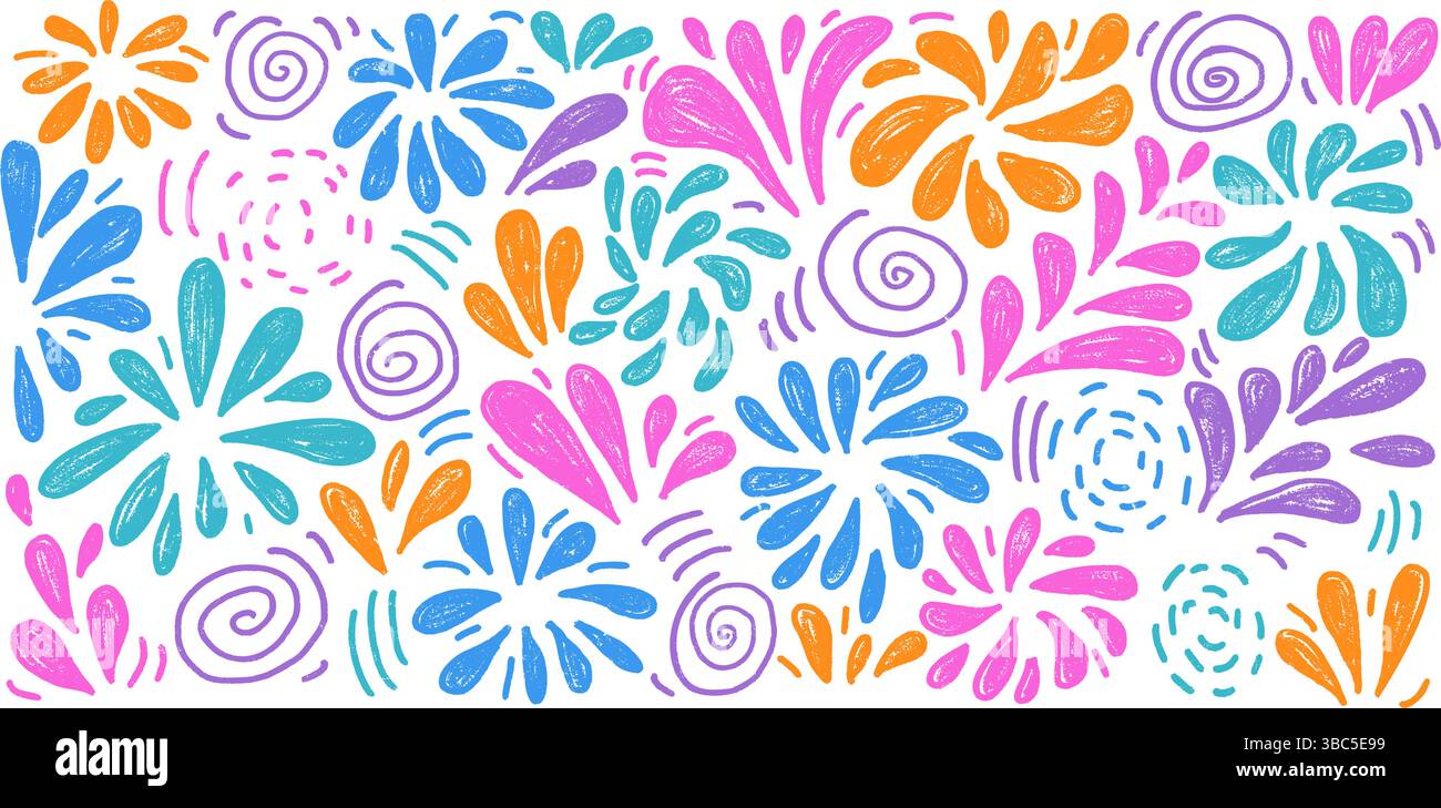 Crayon drawing fireworks set. Multicolored firecrackers and sprinkles in doodle style on a white background. Carnival decoration. Vector illustration Stock Vector