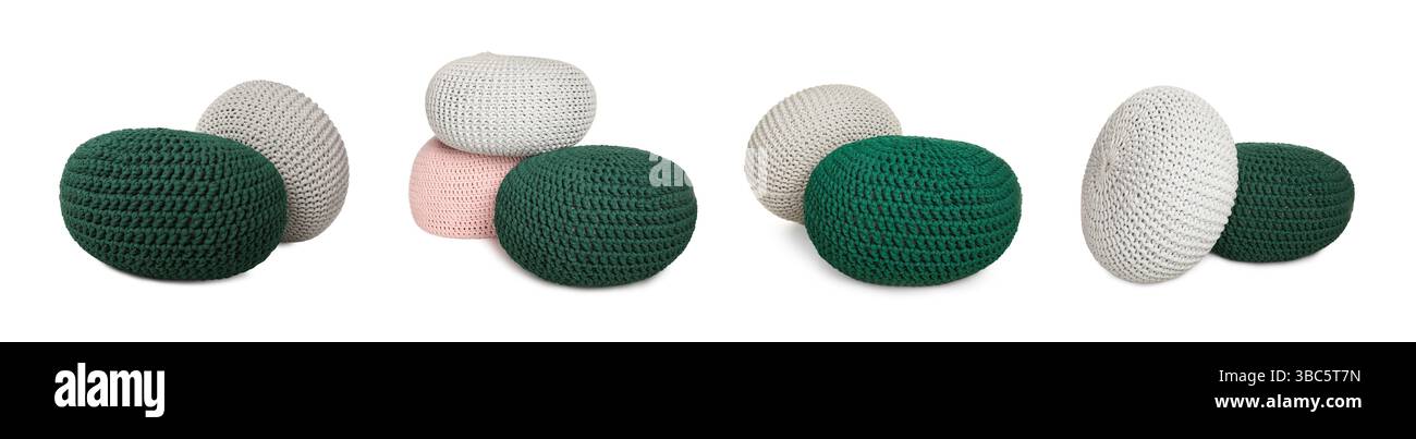 Knitted poufs isolated on white, collage. Interior element Stock Photo