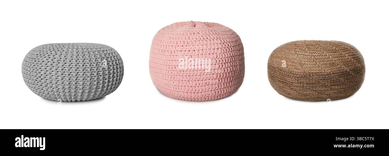 Different poufs isolated on white, set. Interior element Stock Photo