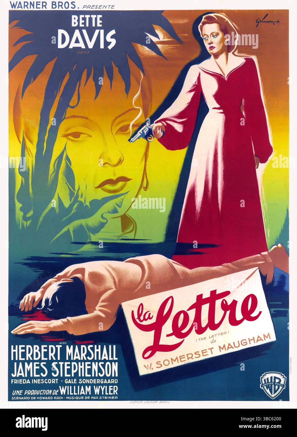 1940 French poster for movie  La Lettre (The Letter), starring Bette Davis, directed by William Wyler. Artwork by Boris Grinsson Stock Photo