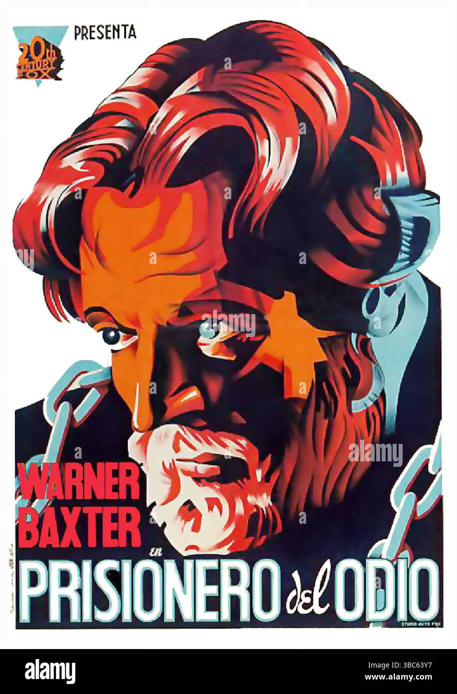 1936 Spanish poster for film "The Prisoner of Shark Island," starring Warner Baxter as Dr. Samuel Mudd, Directed by	John Ford, Twentieth Century Fox Stock Photo