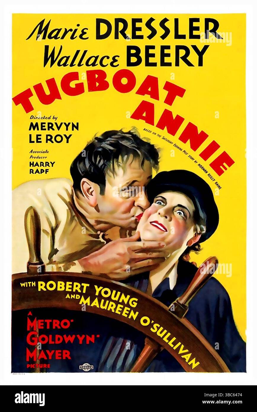 1933 film Tugboat Annie, directed by Mervyn LeRoy. The film stars Marie Dressler and Wallace Beery as a comically quarrelsome couple who operate a tugboat. Stock Photo