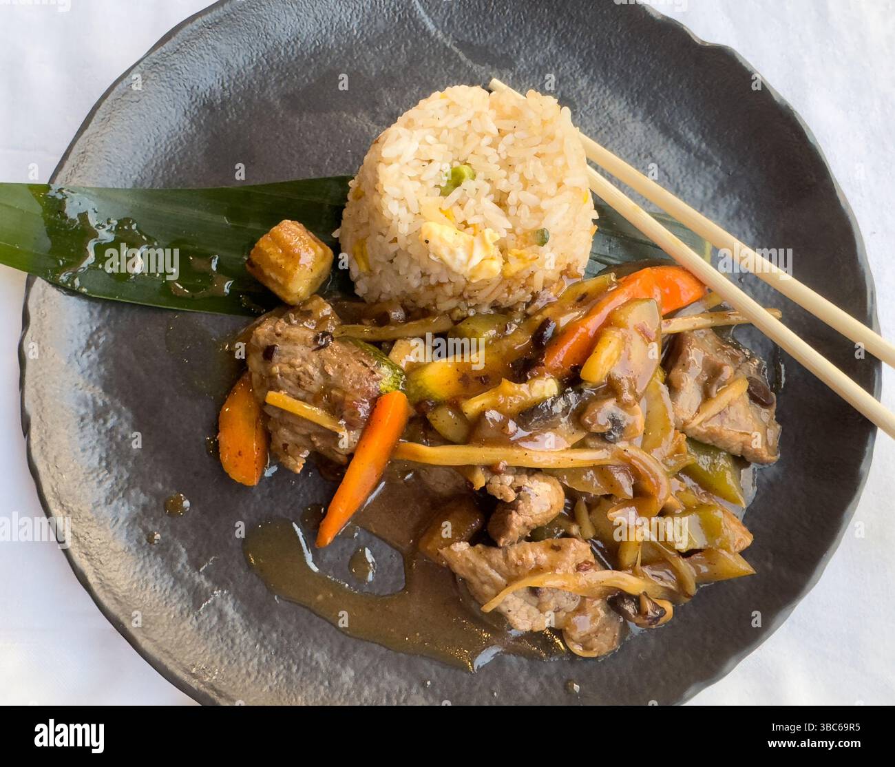 Pan fried teriyaki pork with rice - Smartphone Captured Stock Image
