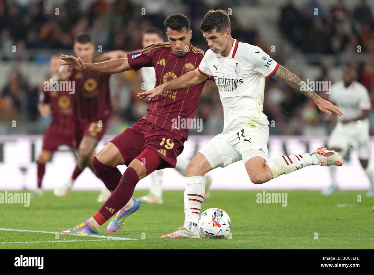 Rome, Italy. 18th May, 2025. Mehmet Zeki Celik of AS Roma and Christian ...