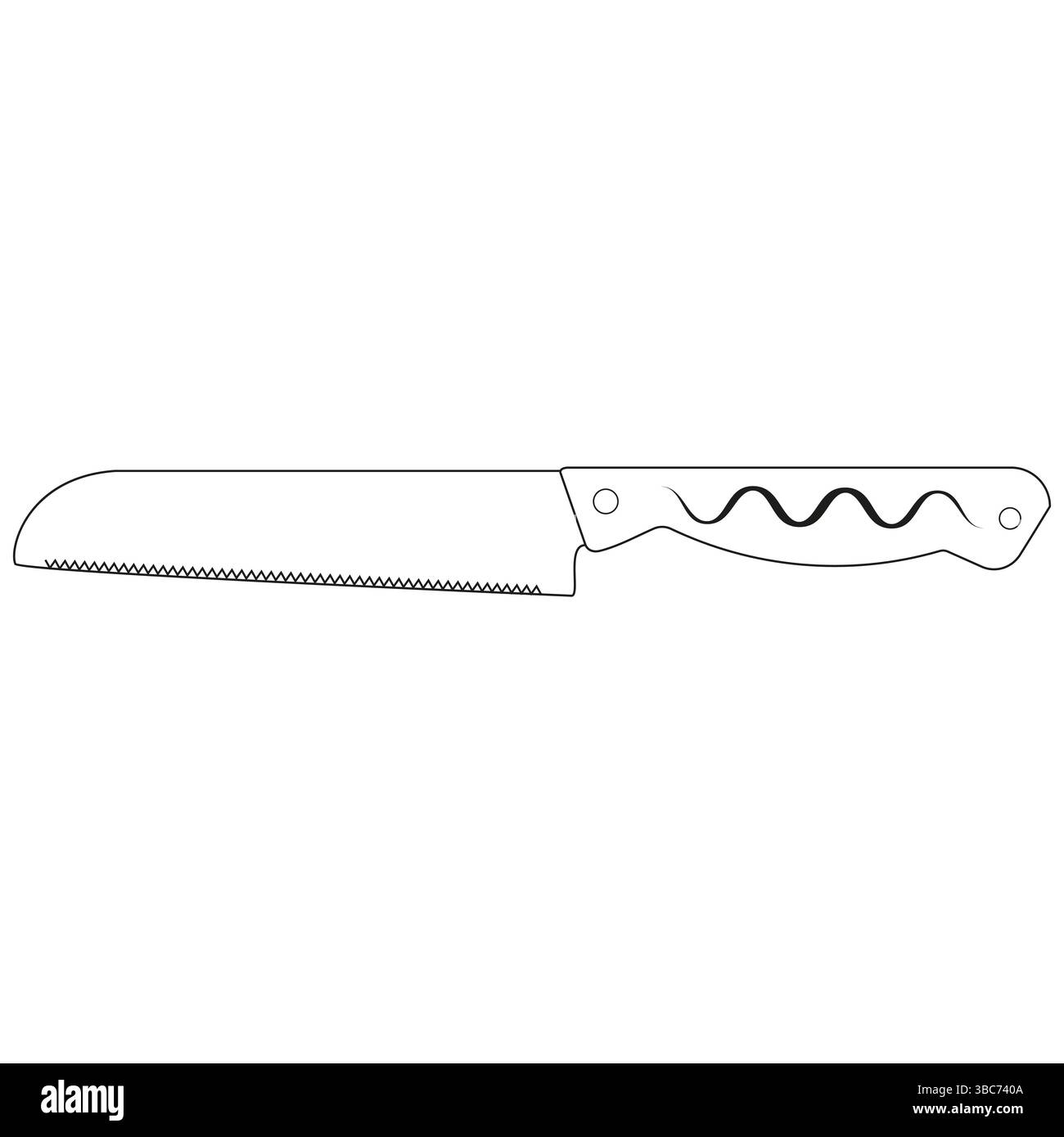Kitchen bread knife. Round smooth tip. Serrated long edge. Wave wood handle. Stock Vector