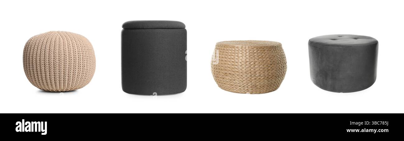 Different poufs isolated on white, collage. Interior element Stock Photo