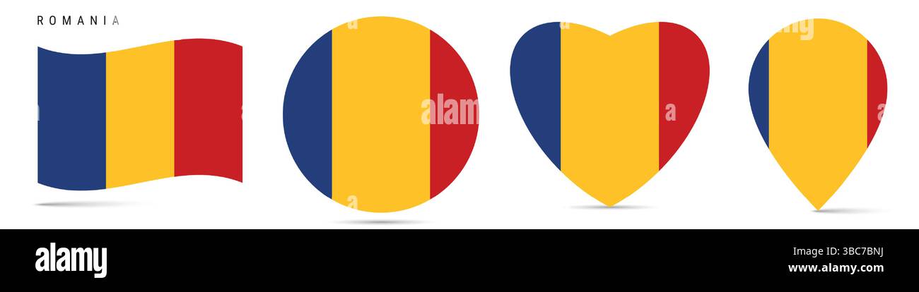 Romania waving flag, round circle sticker badge, heart shaped icon, map ...