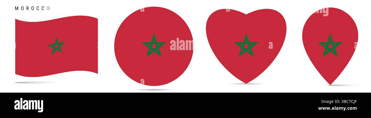 Morocco waving flag, round circle sticker badge, heart shaped icon, map pin. Moroccan flag buttons of different shapes. Vector illustration isolated o Stock Vector