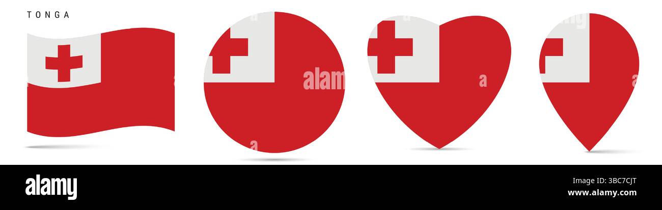 Tonga waving flag, round circle sticker badge, heart shaped icon, map ...