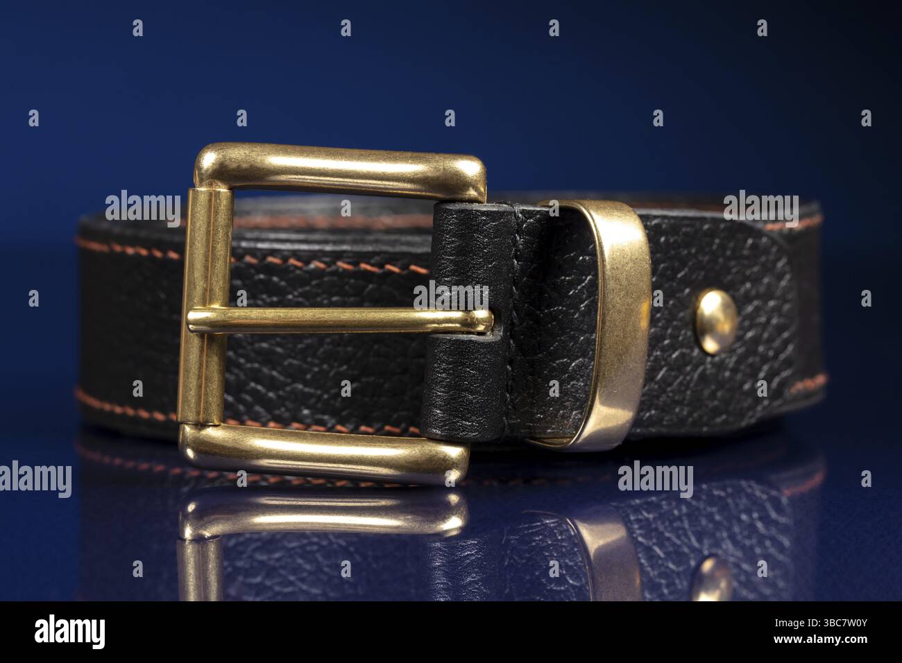 Black leather belt on a dark blue background Stock Photo