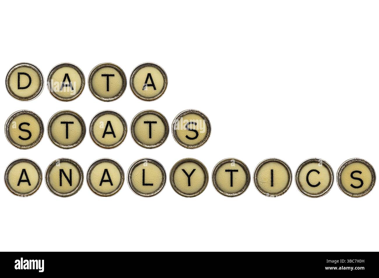 Data, stats and analytics words in old round typewriter keys isolated ...