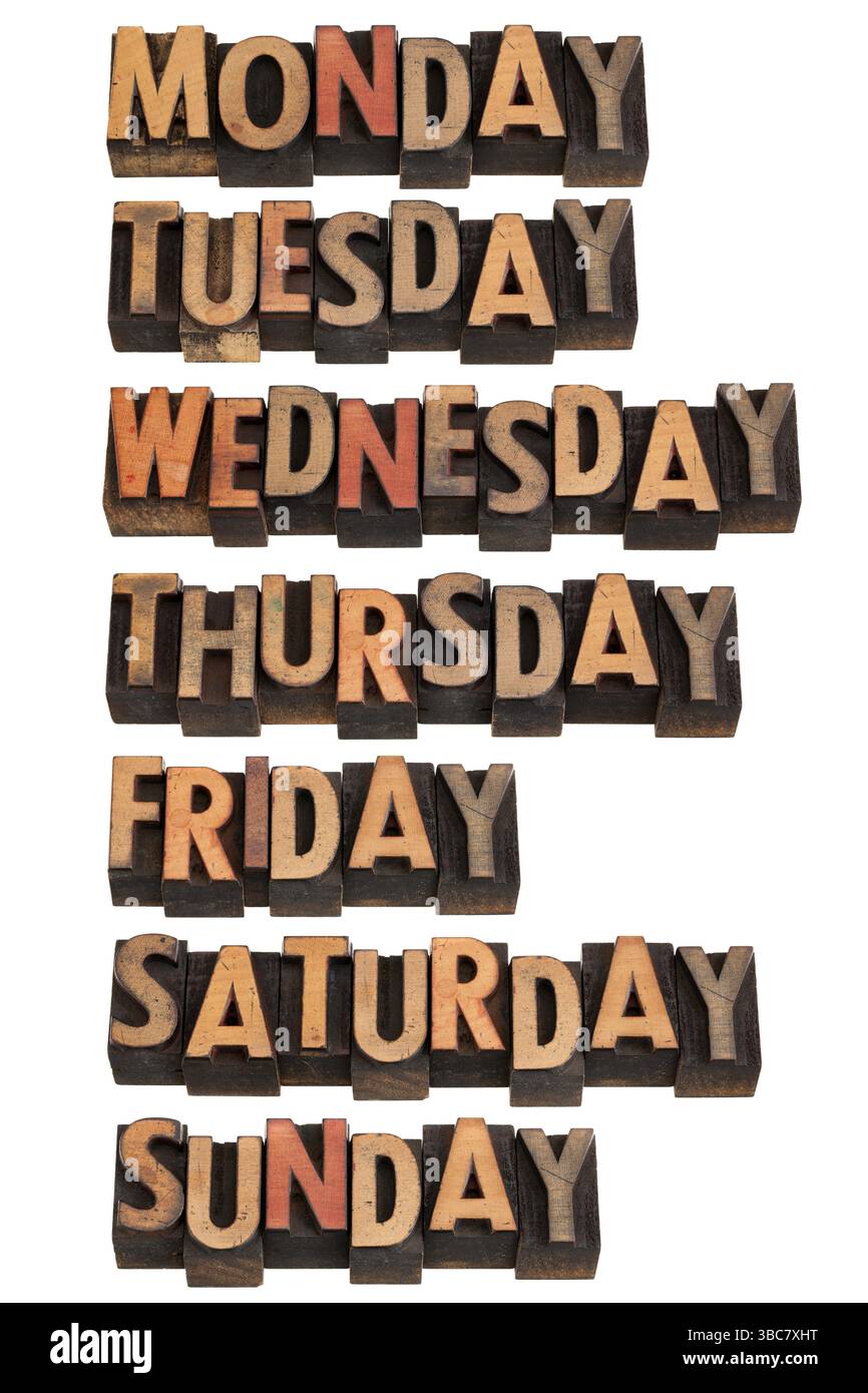 Monday Blocks Frame 7 days of week from Monday to Sunday in vintage wood letterpress ...
