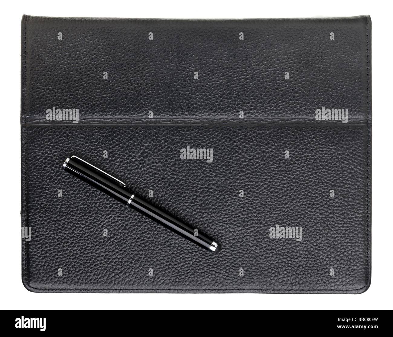 Stylus pen and tablet computer in black leather case Stock Photo