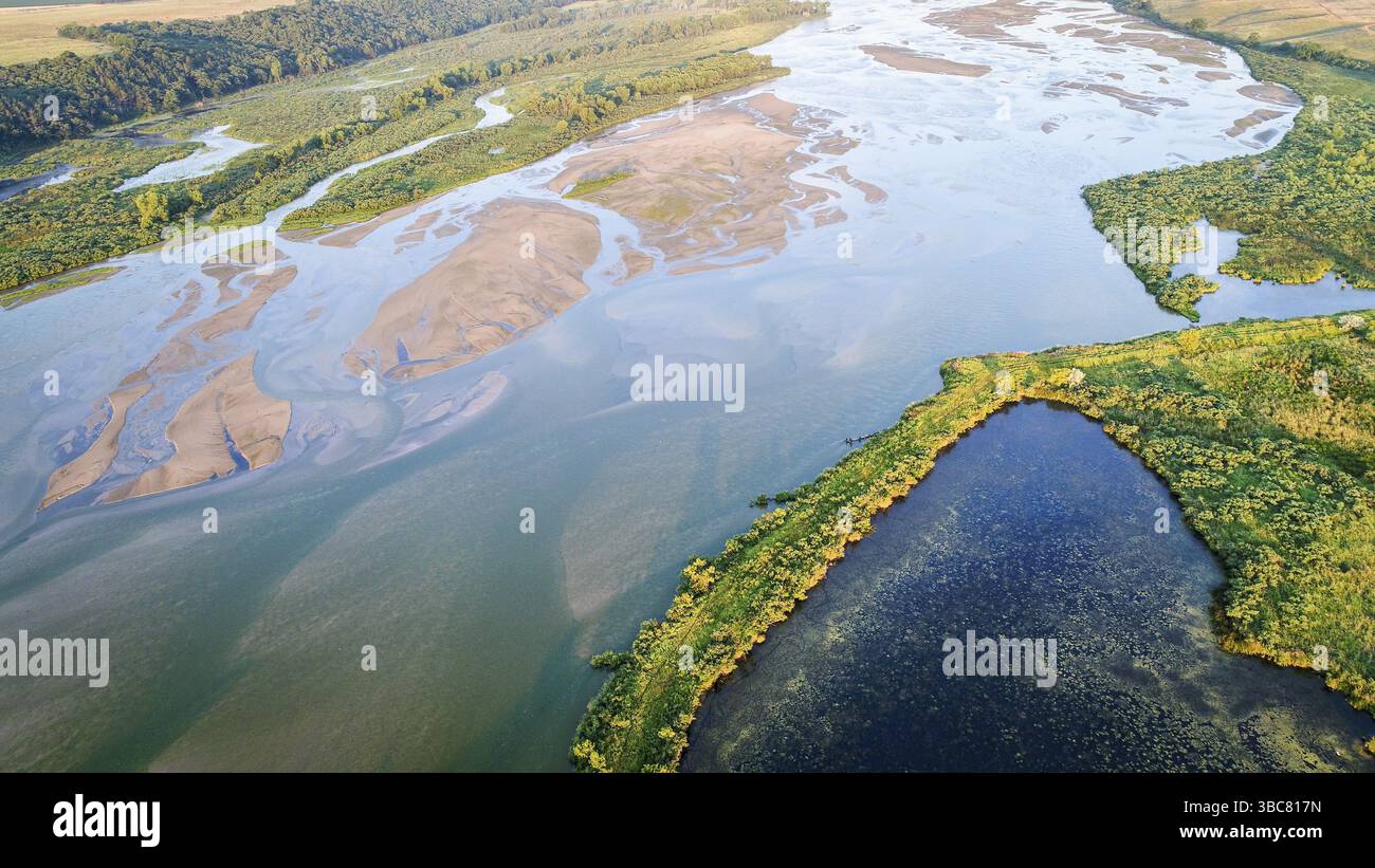 Aerial photography view of lower Niobrara RIver in Nebraska Sandhills ...