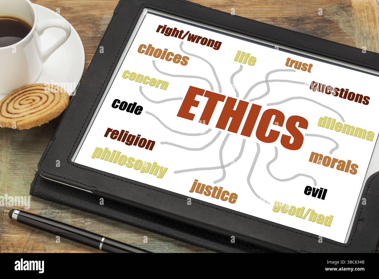 Ethics word cloud or mind map on a digital tablet with a cup of coffee Stock Photo