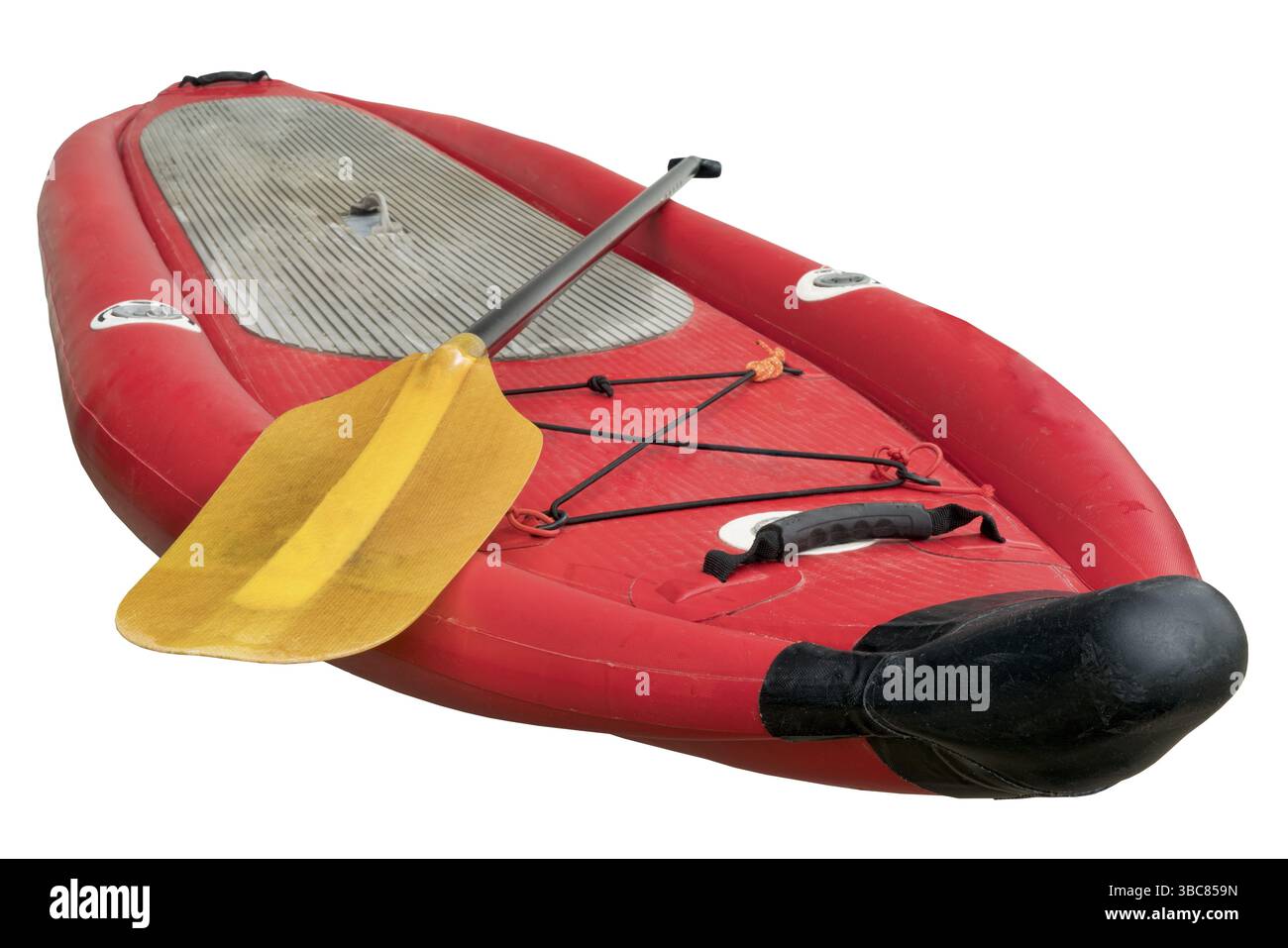 Whitewater inflatable stand up paddleboard with a kayak paddle isolated ...