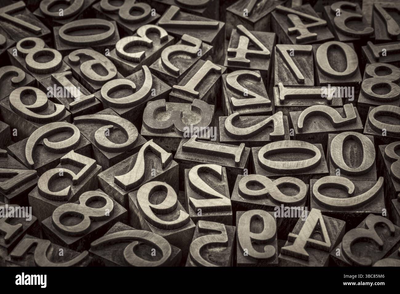Random number background - vintage letterpress wood type, black and white image Stock Photo
