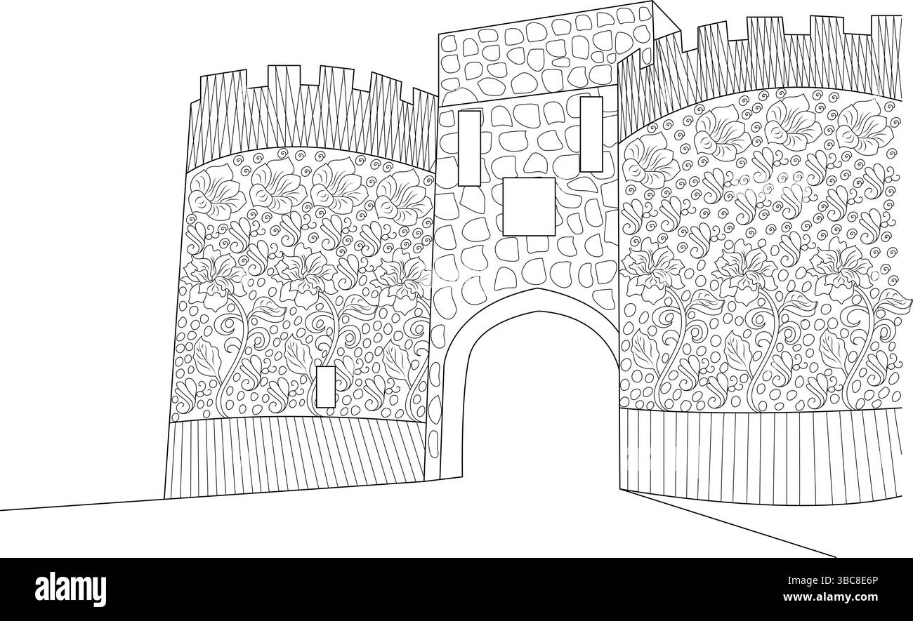 Detailed black and white line art illustration of a medieval or fantasy ...