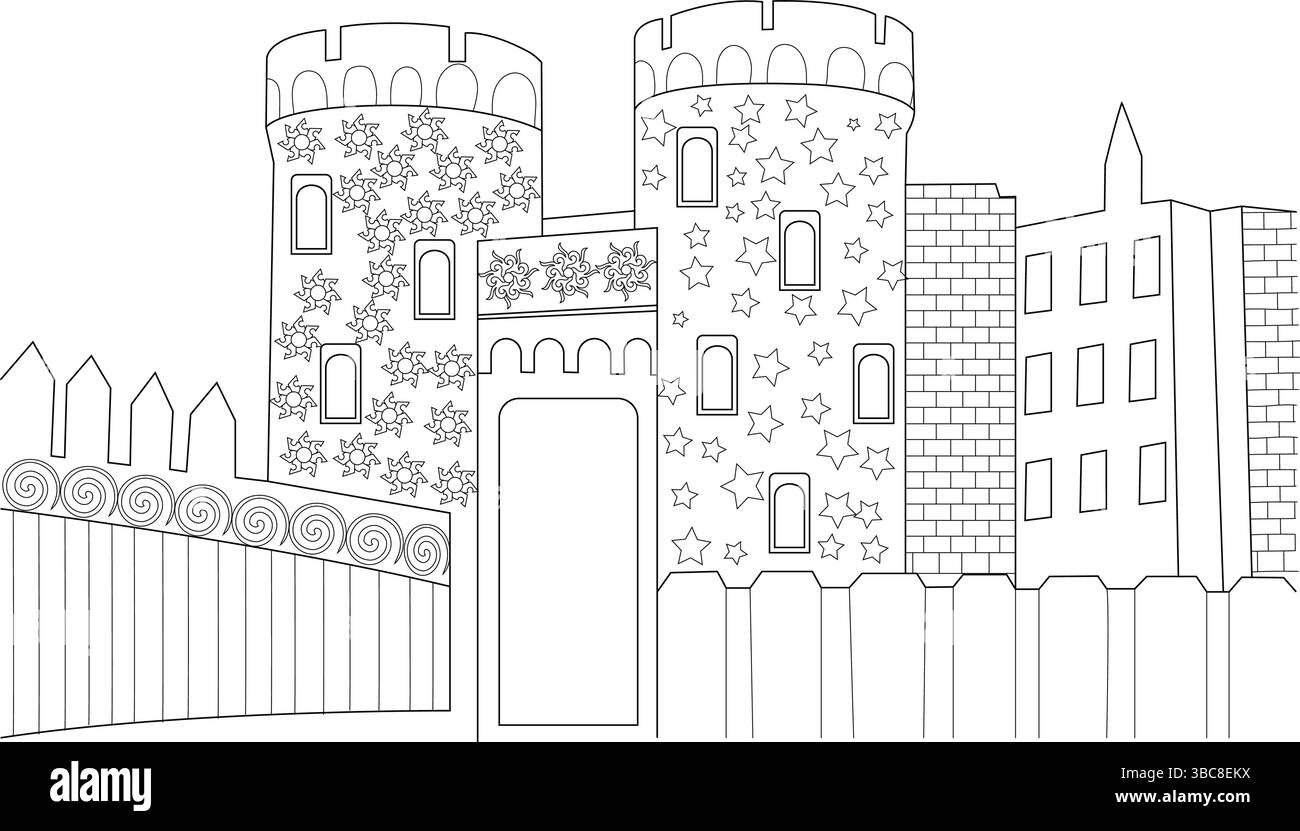 Black and white line drawing of a stylized fantasy castle with towers ...
