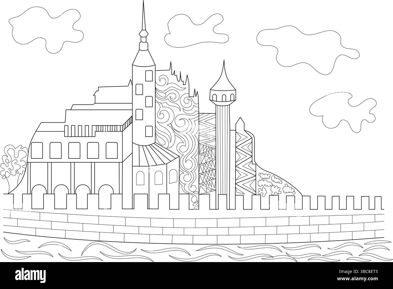 Detailed line art illustration of a fantasy castle with towers and ...