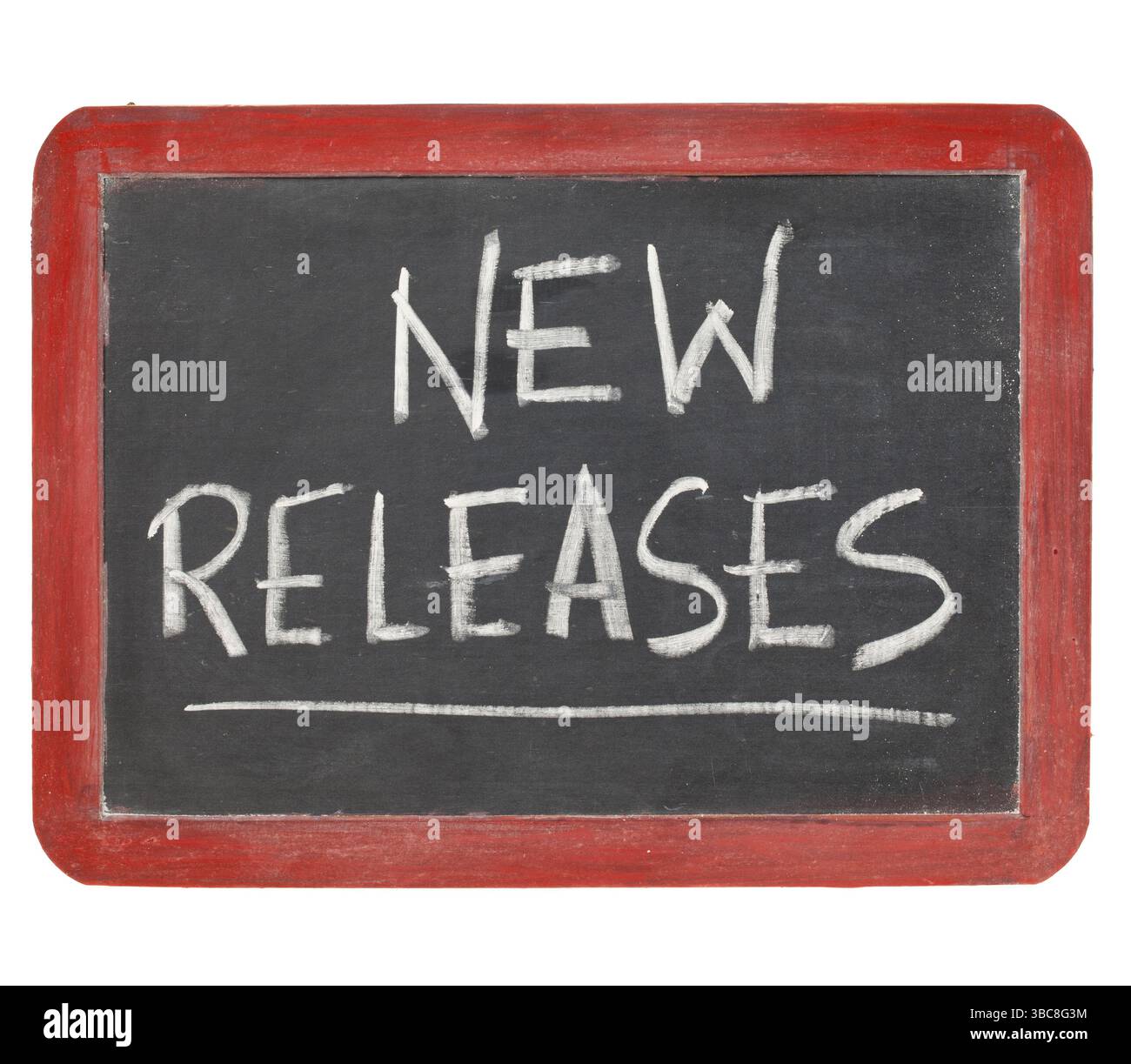 New releases text in white chalk handwriting on a vintage slate ...