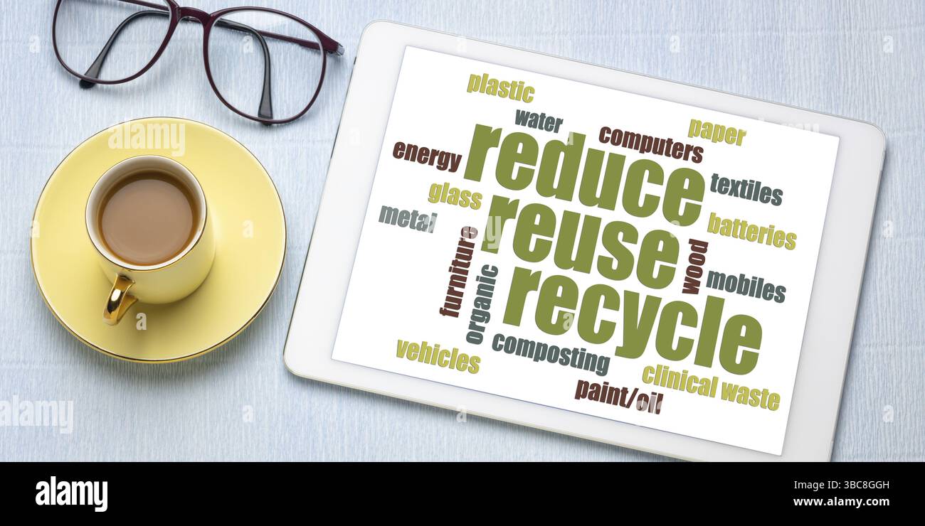 Reduse, reuse, recycle word cloud, flat lay with a digital tablet and ...