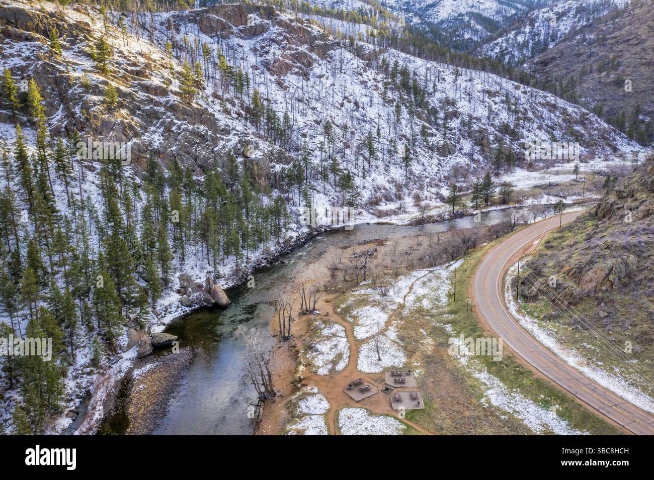 Poudre River at Picnic Rock area, aerial view of early spring scenery ...